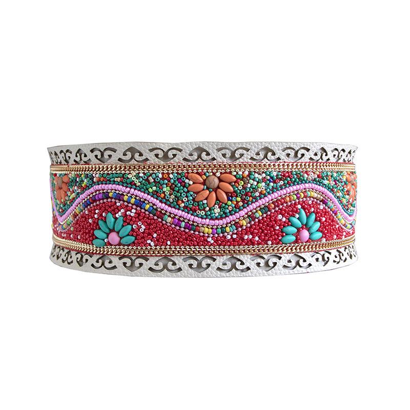 Boho Style Heavy Industry Turquoise Hollow Ethnic Style Pattern Elastic Ethnic Style Yunnan Travel Photo Elastic Tight Women's Waist Seal
