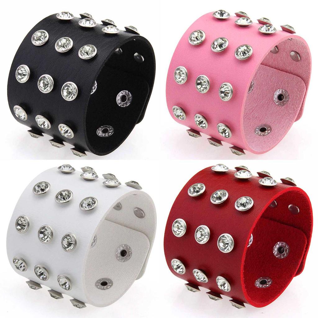 Popular Jewelry Punk Style Rhinestone Rivets Wide Pu Leather Bracelet Bangle Belt Buckle Bracelet Suitable For Music Festival