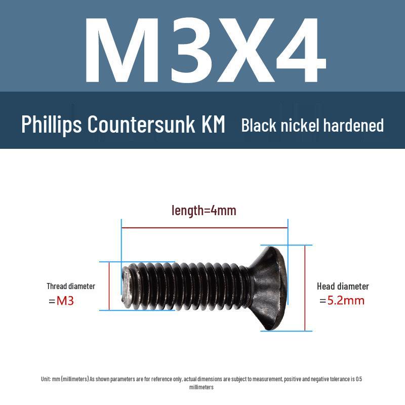 Yigu Uhlíková ocel Černý nikl Kalené KM Šrouby s plochou hlavou Phillips M2-M4 pro elektroniku