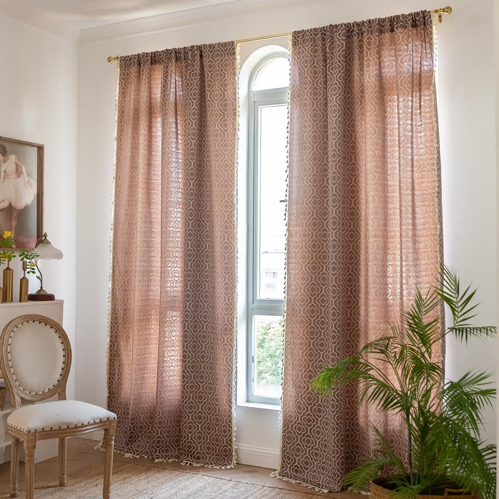 Curtain Finished American Country Style Jacquard Embroidery Solid Color Contrasting Color Semi-Blackout Bay Window Kitchen Curtain