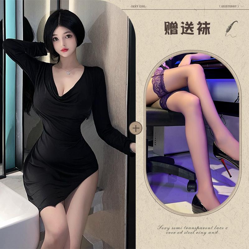 Split Perspective Sex Underwear Sexy Nightclub Style Uniform Hot Free Ice Silk Large Dress