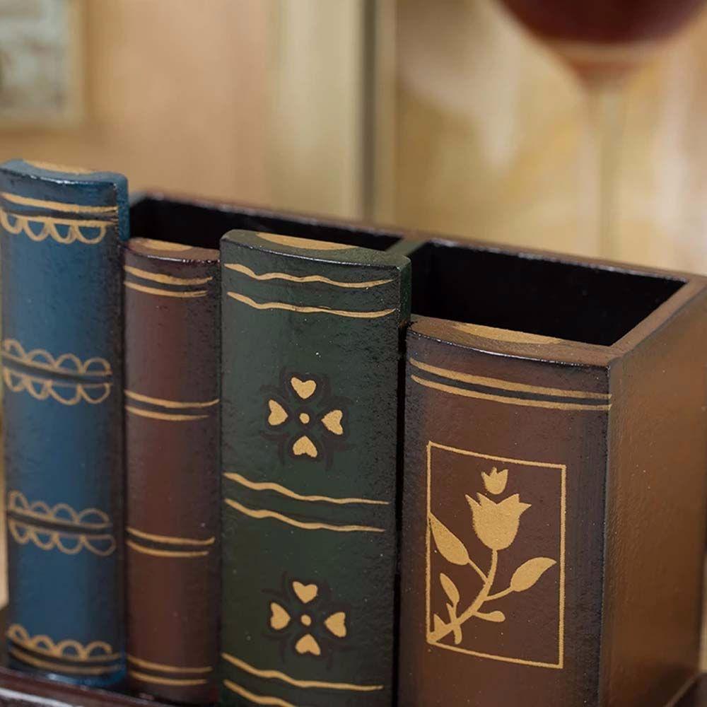 Organizer Desktop Decoration Drawers Stationery Holder Book Shape Pen Holder Pen Case Retro Wood