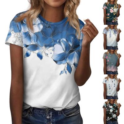 Women's Fashion Casual Flowers Printed Round Neck Short Sleeve Top Blouse