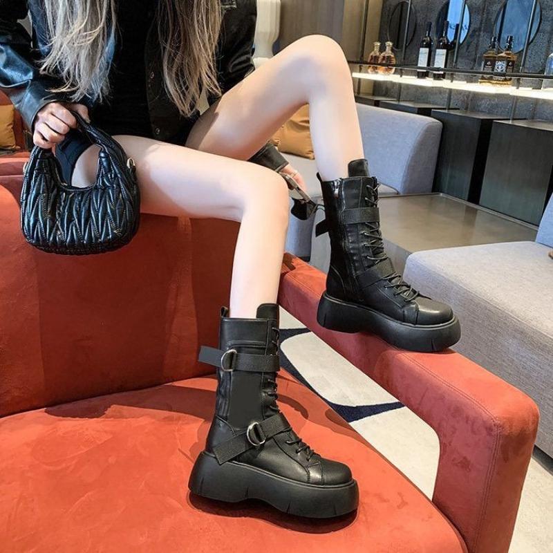 Fashion Black Platform Round Toe Leather Women's Half High Boots Spring Autumn Height Increase Ladies Mid Calf Shoes Y2k Gyaru Pu Boot