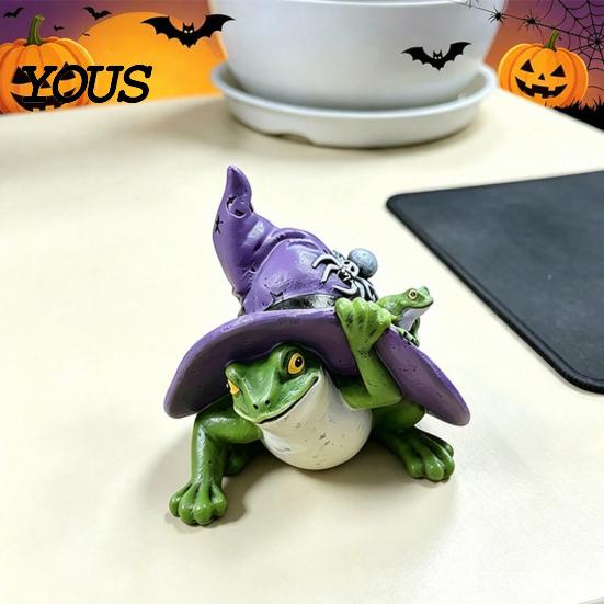 Creative Halloween Tabletop Accessory Witch Frog Ornaments, Resin Magic Wizard Figurine, Micro-landscape Miniature Cute Fantasy Mini Statue