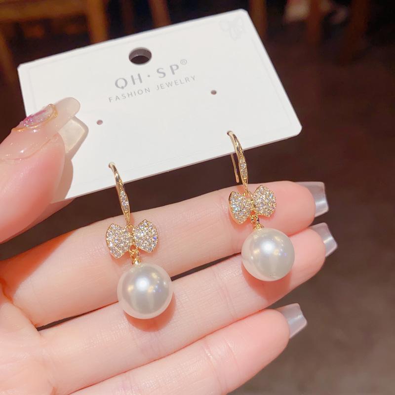 Delicate Fashion Sparkling Micro Inlaid Zircon Bow Pearl Hook Earrings For Women