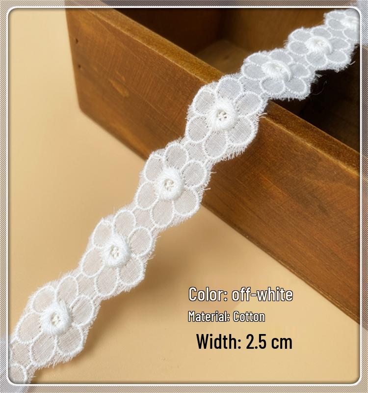 Off-White Lace Trim Embroidery Cloth for Skirt Hem Decoration - Pure Cotton, Double-Locked Edge