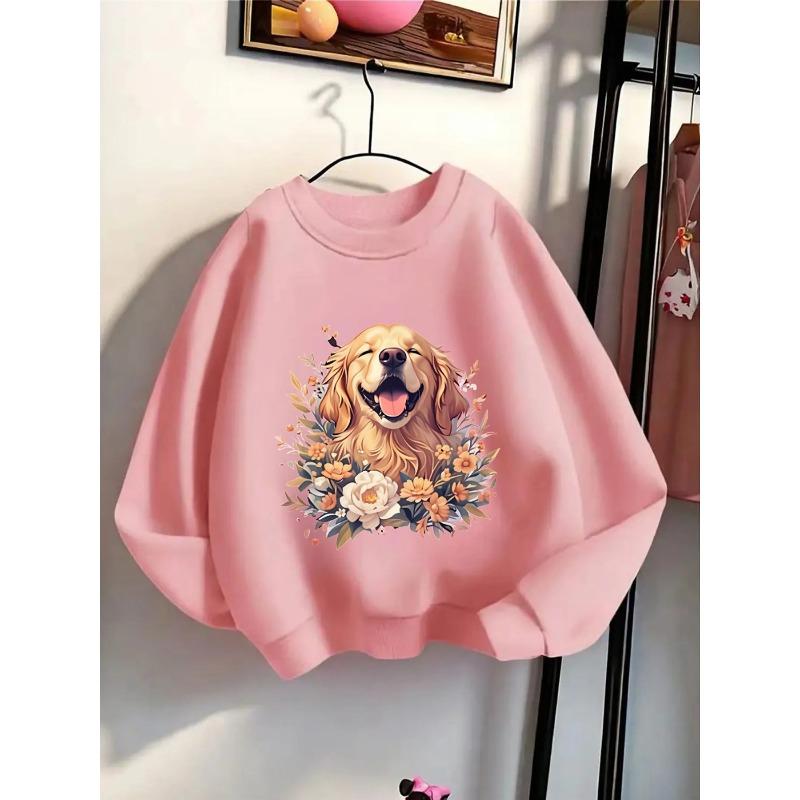 Kids Sweatshirt, Round Neck Featuring a Floral Portrait of a Golden Retriever,Machine Washable, Spring And Autumn, for Sports And Casual Outings, Soft