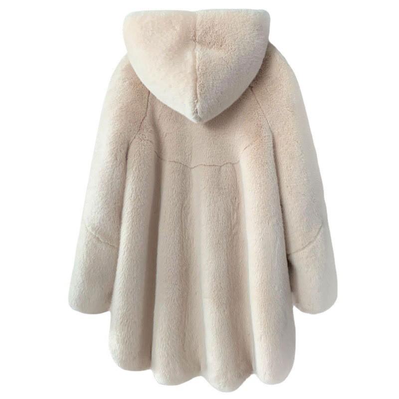 Womens Faux Fur Coat With Hood Mid-Length Winter Outerwear Black Beige White Classic Elegant Style
