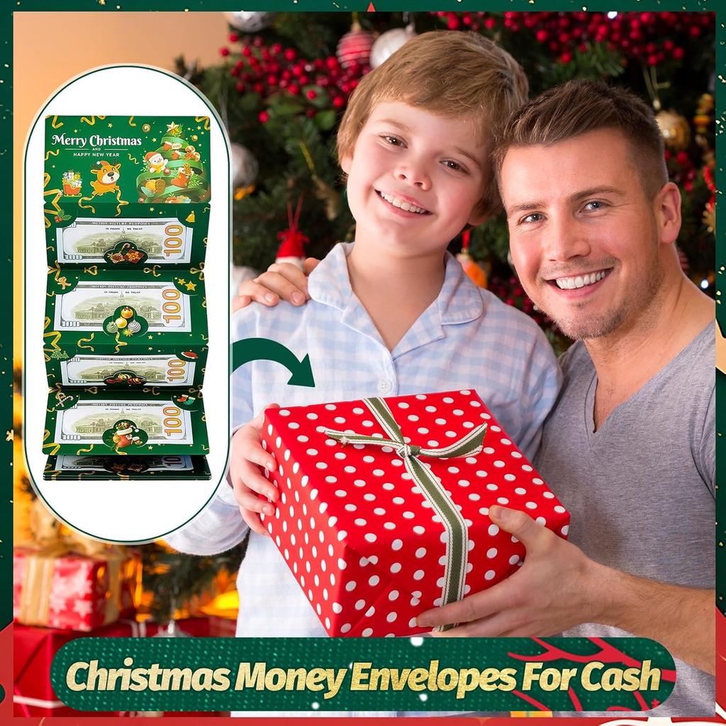 Świąteczne etui na pieniądze, etui na karty podarunkowe na Boże Narodzenie z 10 przegródkami, prezent świąteczny dla mężczyzn, kobiet, dziewcząt, chłopców, koperty na pieniądze-niespodzianki, zielone