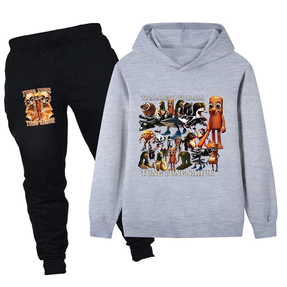 Frühling Herbst Italienisches Gehirnfäule Tiere Tung Tung Tung Sahur Lustiger Druck Kinderanzug Jungen Mädchen Lässige Mode Oberteil + Hose Set
