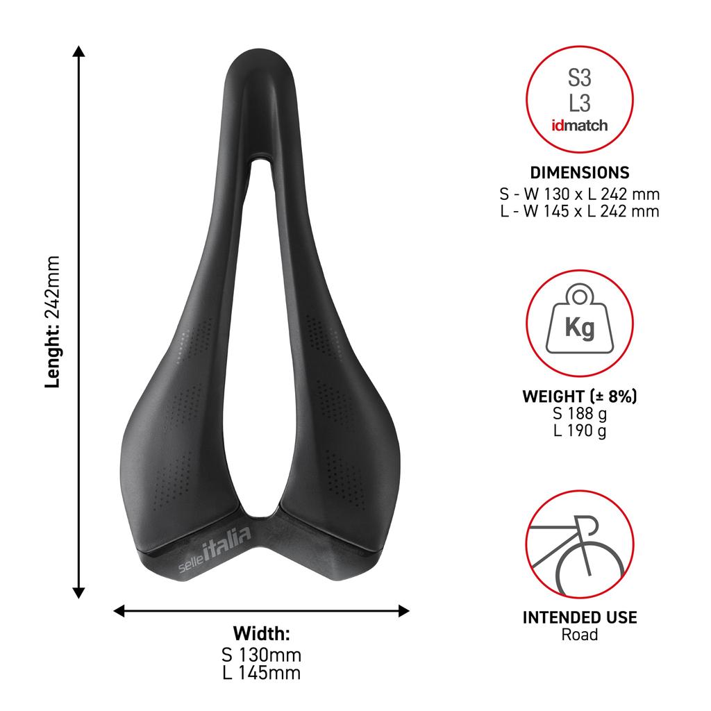 Selle Italia SLR Advan S3 130 x Hollow Black Saddle, Size 242mm, Rails Steel,