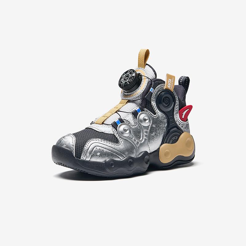 Anta Kids Asymmetrical Synthetic Leather Trendy Lightweight Shock Absorbing Mid-Top Basketball Shoes Kids basketball shoes Gray Silver A12449901-2