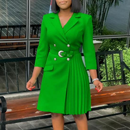 D3352 Autumn/Winter European and American Women's Solid Color Long Sleeve Pleated A-line Dress