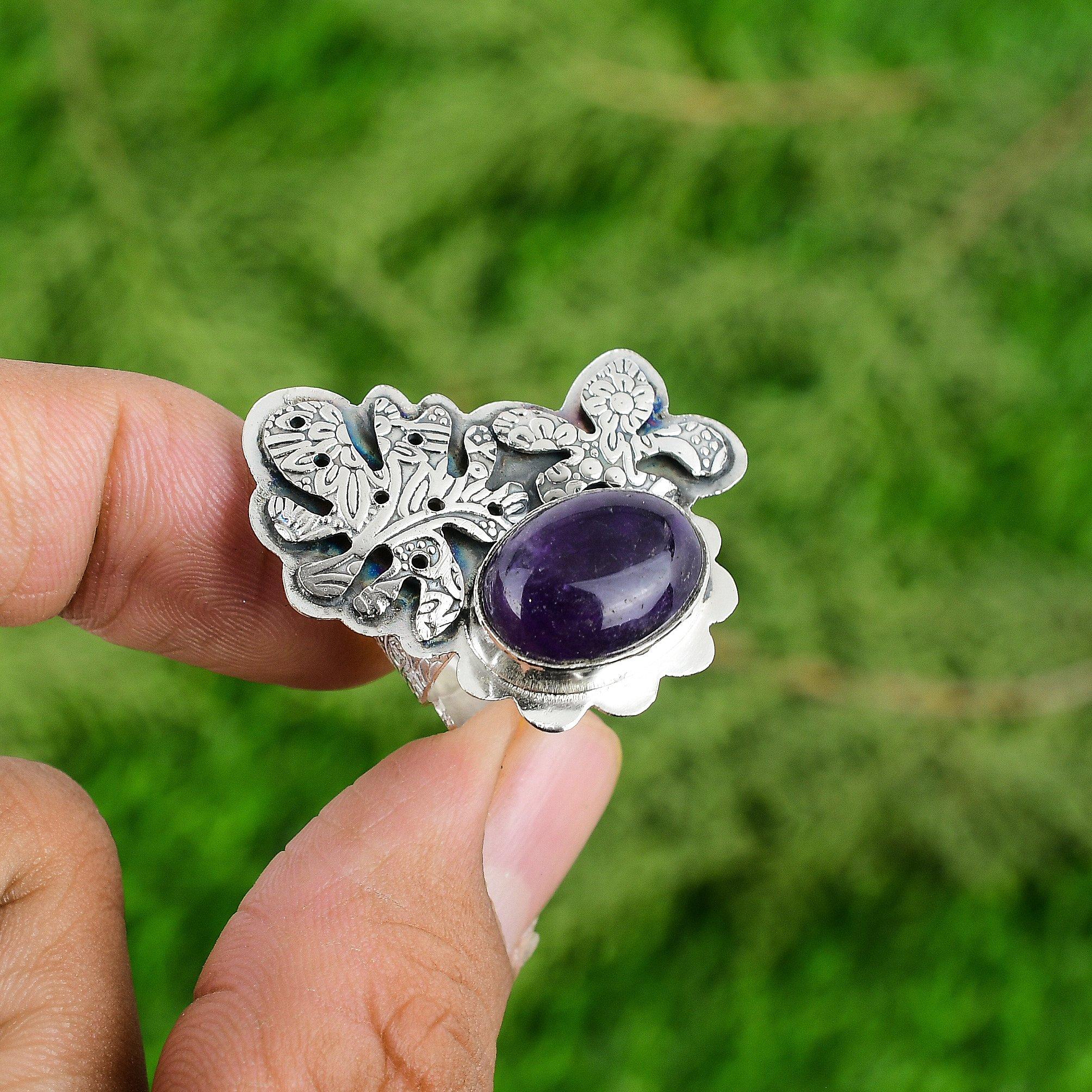 

Mothers day Deal 925 Sterling Silver African Amethyst Gemstone Statement Ring Adjustable