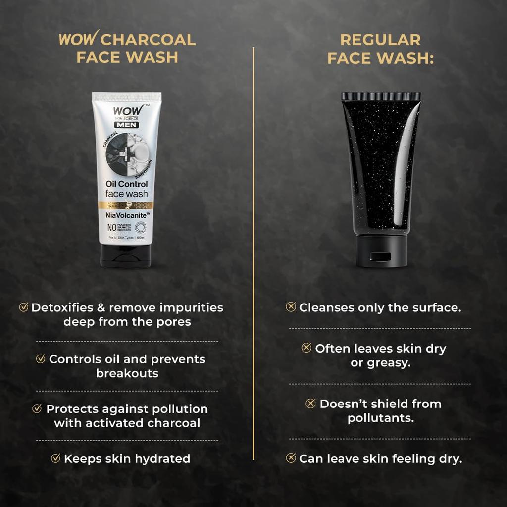 WOW Skin Science Men Charcoal & Niacinamide Oil Control Face Wash, 100 Ml Deep Cleansing for Oily Skin, Mattifying