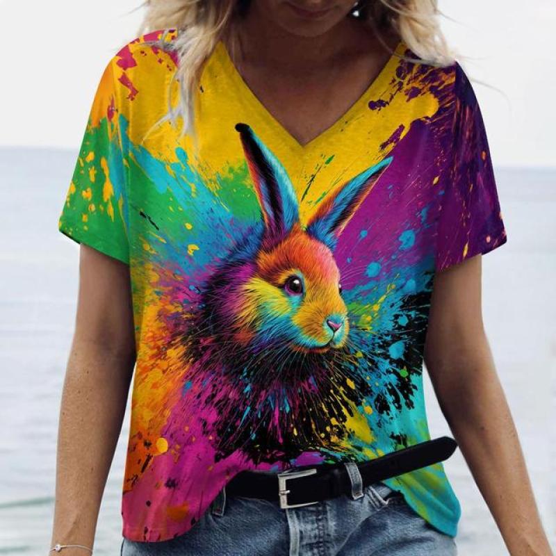 Žena Léto Tričko s krátkým rukávem Volné Oblečení Velké velikosti Oblečení Zvířata s výstřihem do V Pták Topy Dámská Neformální trička Oblečení 2024