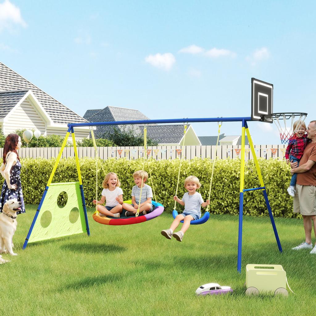 4-in-1 Kids Swing Set with Saucer Swing, Basketball Hoop and Football Goal, Outdoor Playground Playset for Garden