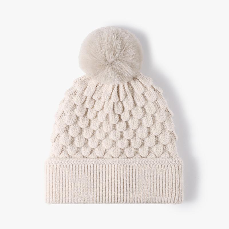 Autumn Winter Women's Outdoor Warm Thick Cold Hat with Wool Ball Brimless Velvet Knitted Yarn Hat