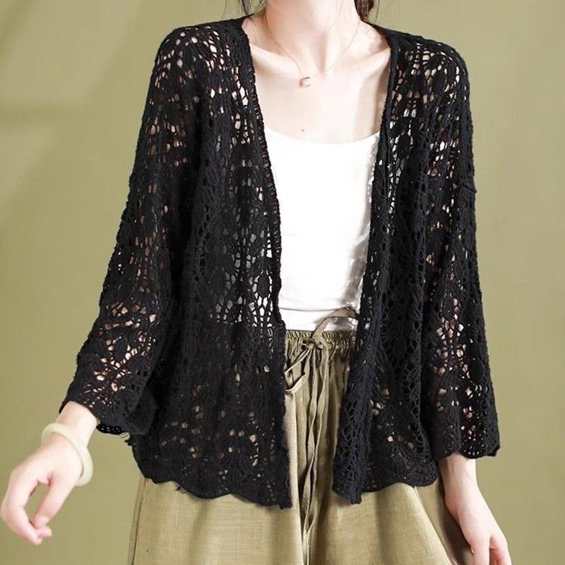 

Пальто для женщин хлопковый летний ажурный платок внешний свободный V-образный вырез повседневный кардиган пальто куртка женская Average Size чёрный