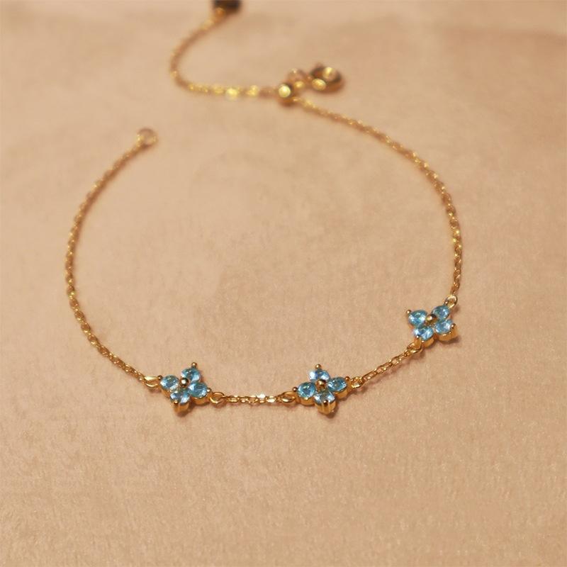925 Sterling Silver Blue Zircon Flower Bracelet, Gold Plated Dainty Floral Chain Bracelet, Elegant Romantic Jewelry Gift Women Gold