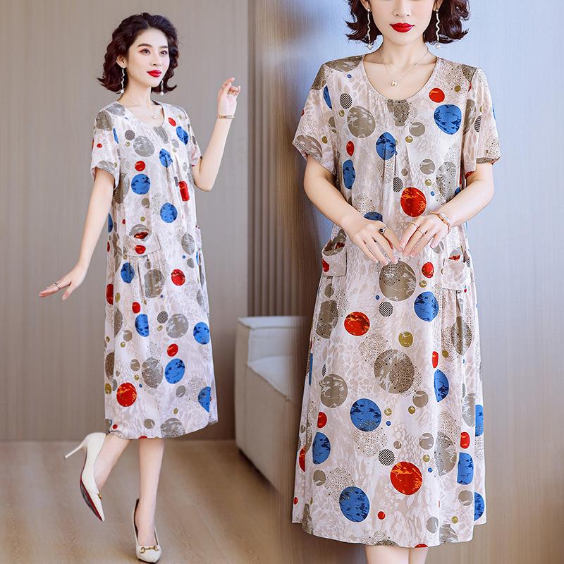 Women Plus Size Midi Dress Short Sleeve Floral Print Cotton Silk Loose Casual Mom Dress