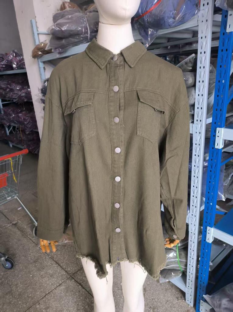 Women's Frayed Hem Denim Shirt Jacket - European & American Street Style for Autumn/Winter.
