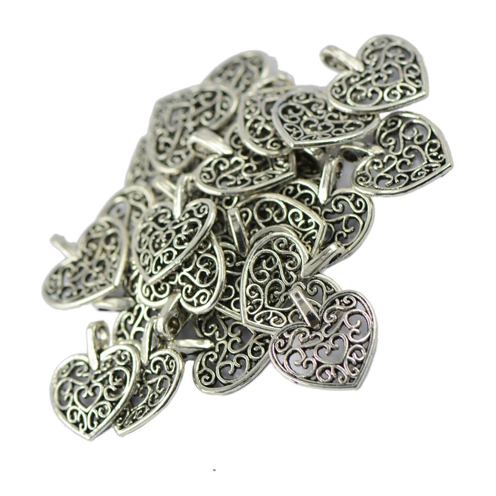 50 Pcs Tibetan Silver Filigree Heart Charms Pendants DIY Jewelry Making