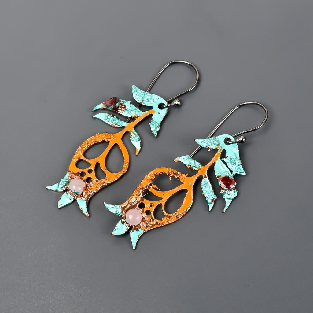 Rose Quartz Stone Silver Plated Hook Multi Electroformed Dangle Drop Earrings V-96