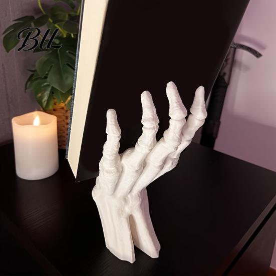 Novelty Shelf Organizers Gothic Skeleton Hand Book Stand, Desktop Card Display Holder, Decorative Artistic Sculpture Bookend Ornament for Halloween