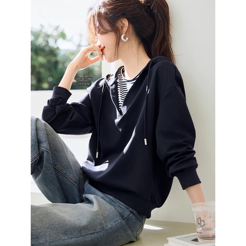 Women's Casual Spliced Striped Hooded Sweatshirt