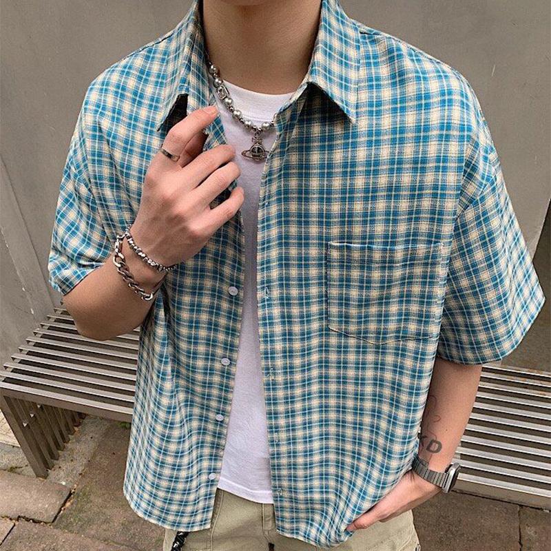 Summer Stylish Short Sleeve Shirt Men's Streetwear Vintage Button Up Turn Down Collar Shirts Trendy Men Plaid Printed