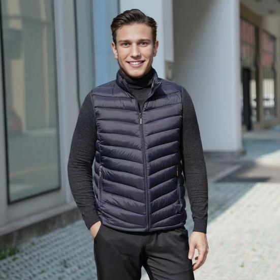 Men Waistcoat Vest Stand Collar Sleeveless Zipper Closure Windproof Vest with Pockets Solid Color Winter Thermal Jacket