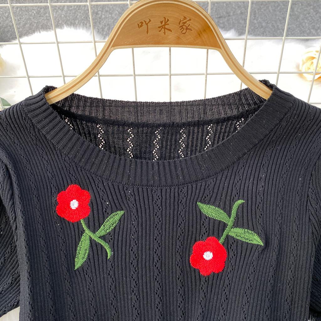 Summer Women Vintage Puff Sleeve Embroidery Rose Flower Office Party Knitted Sweater Slim Bodycon Sheath Pullover Dresses