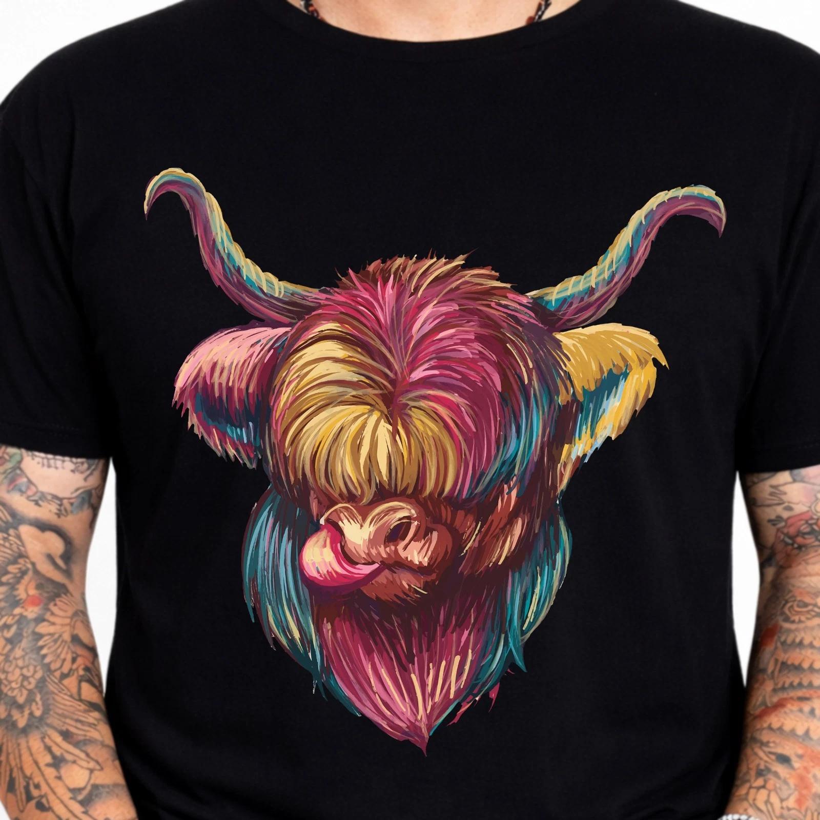 Highland Cow Colorful Pop Art Funny Tongue Graphic T-Shirt Farm Animal Gift. L