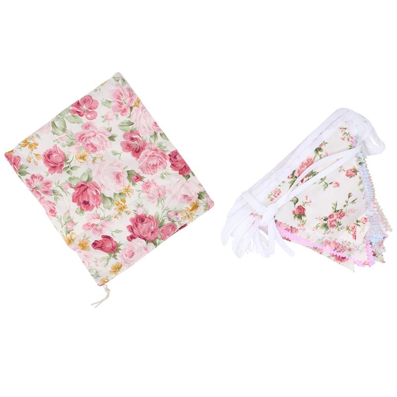 A27F-40Ft Fabric Bunting, 42Pcs Outdoor Bunting Banner,Floral Vintage Cotton Triple-Cornered Flag For Garden Birthday Party