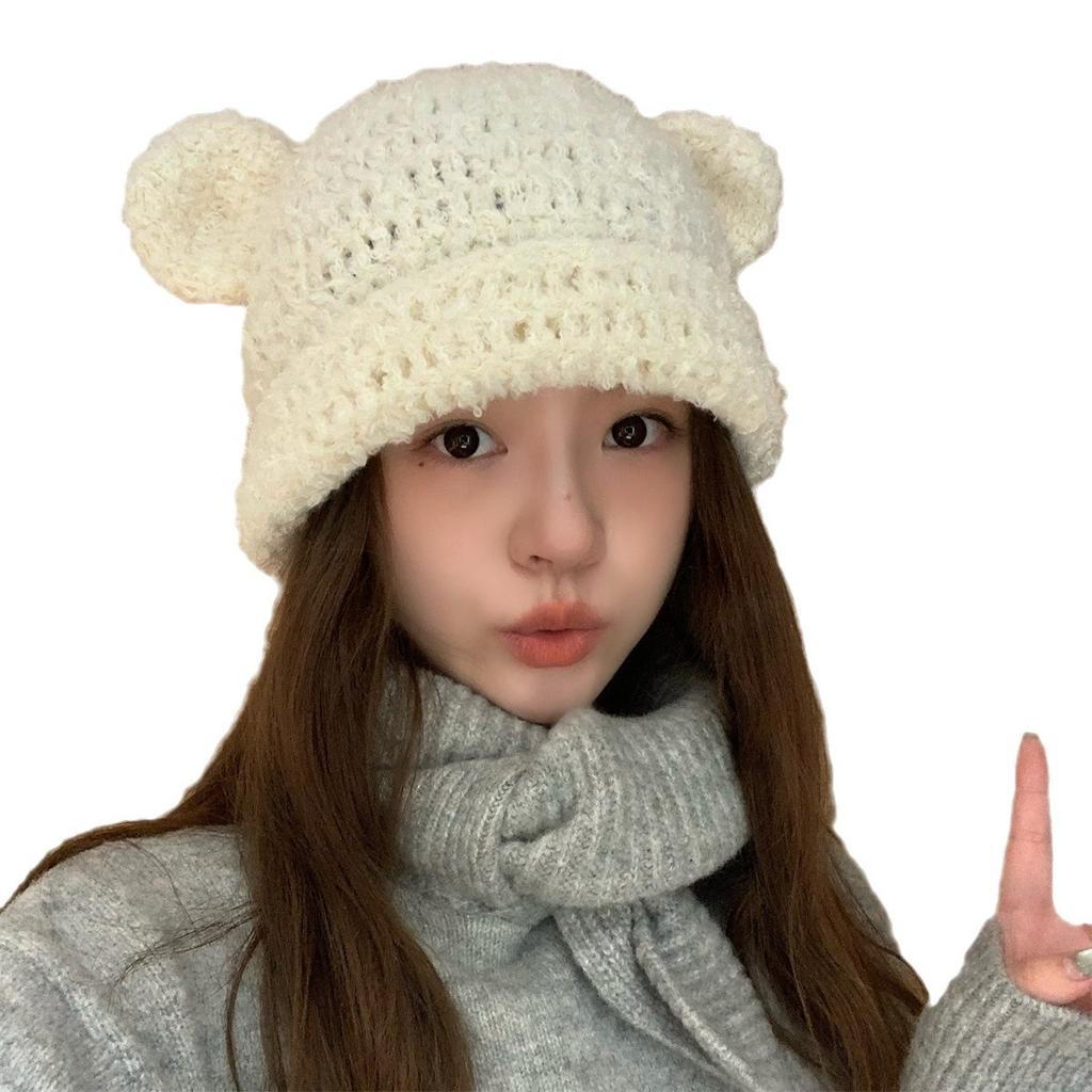 Soft Glutinous Cute Handmade Ears Bear Hat Women's Autumn and Winter Warm Curling Ear Protector Wool Hat
