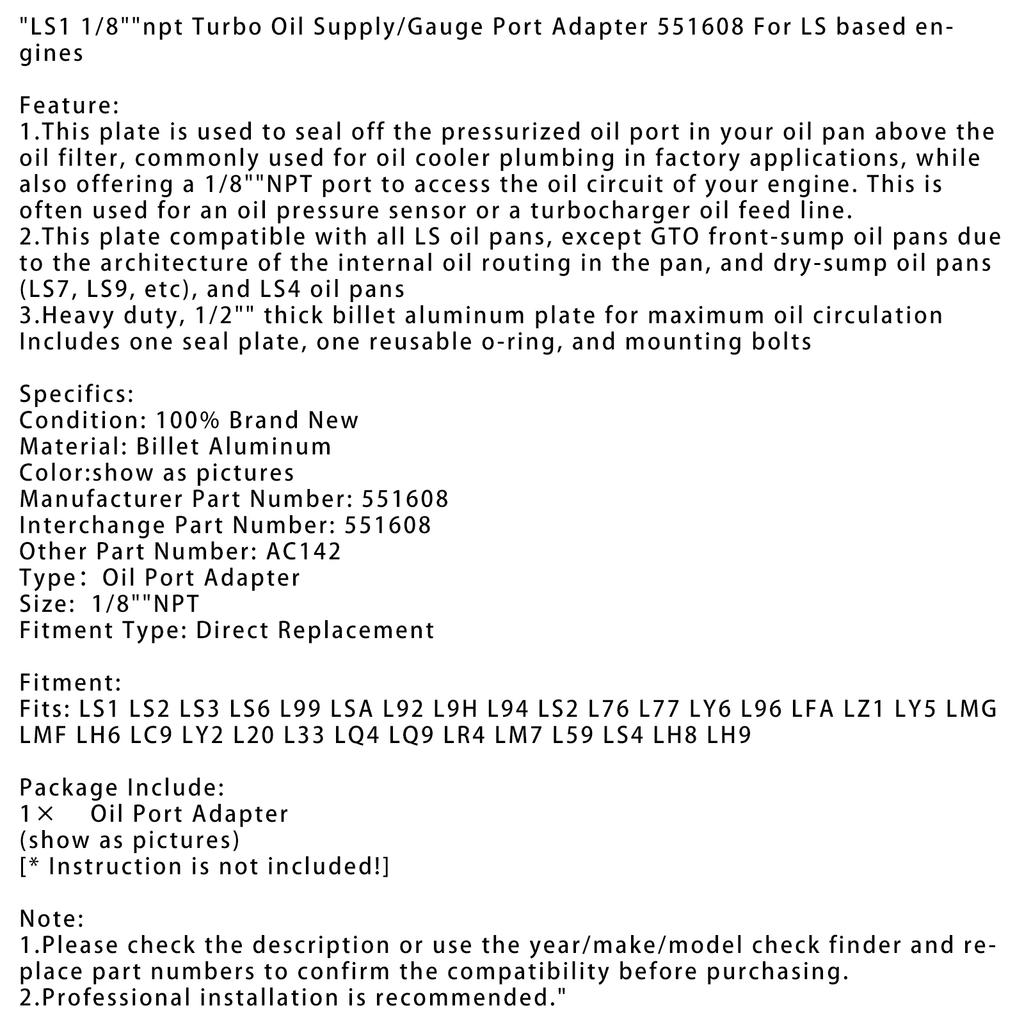 LS1 1/8"npt Turboölzufuhr/Messanschlussadapter 551608 Für LS-basierte Motoren