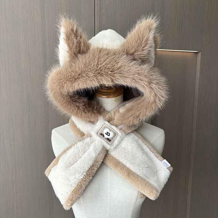 Fox ear hat women's new cute warm plush hat autumn and winter versatile fashion scarf scarf integrated hat