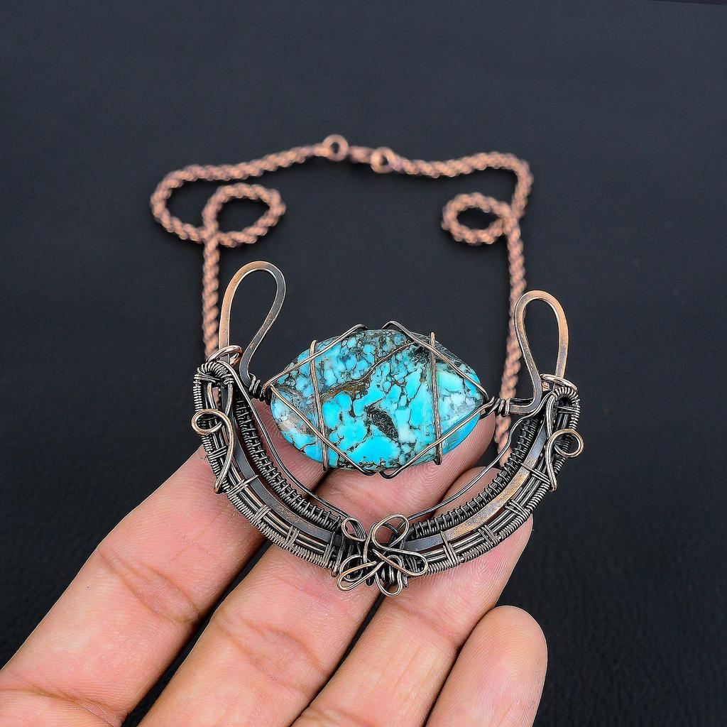 Tibetan Turquoise Gemstone Handmade Copper Wire Wrap Jewelry Necklace For Women