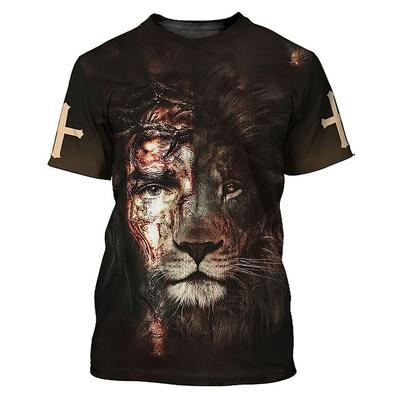 Christian Catholic Jesus Men's 3D Print T-shirts Animal Lion Summer Loose Short Sleeve Harajuku Hip Hop Tops Tees