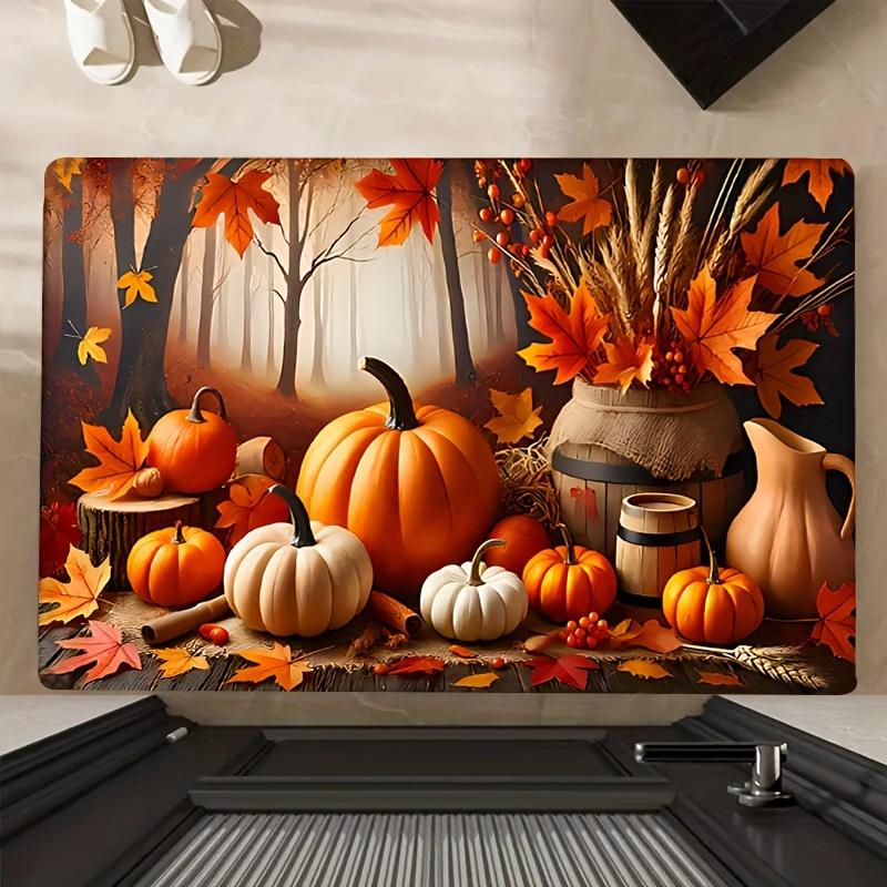 Thanksgiving Pumpkin Maple Leaf Non-Slip Door Mat Entrance Welcome Floor Mat Home Decor Kitchen Balcony Hallway Laundry Room Rug