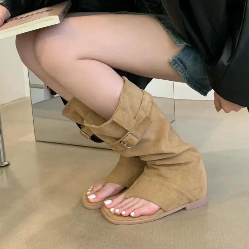 Designer Dammode Stövlar Sandaler med öppen tå Lyxig mocka Höga Romerska sandaler Utomhus Mångsidiga Dam Knähöga Stövlar