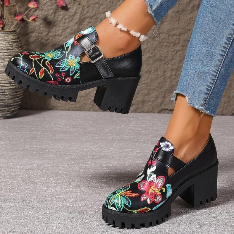 Ladies Shoes 2024 Brand Buckle Strap Women's High Heels Fashion Printing Office and Career New Round Toe Plus Size Heels Women