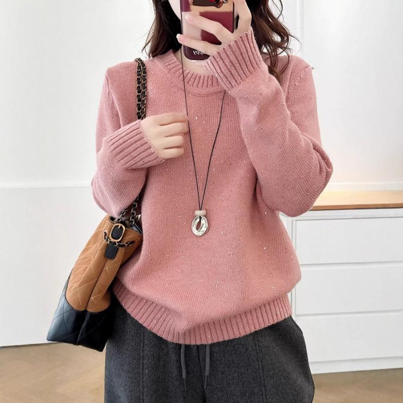 Plus Size Women Long Sleeve Sequin Crew Neck Pullover Winter Bottoming Sweater