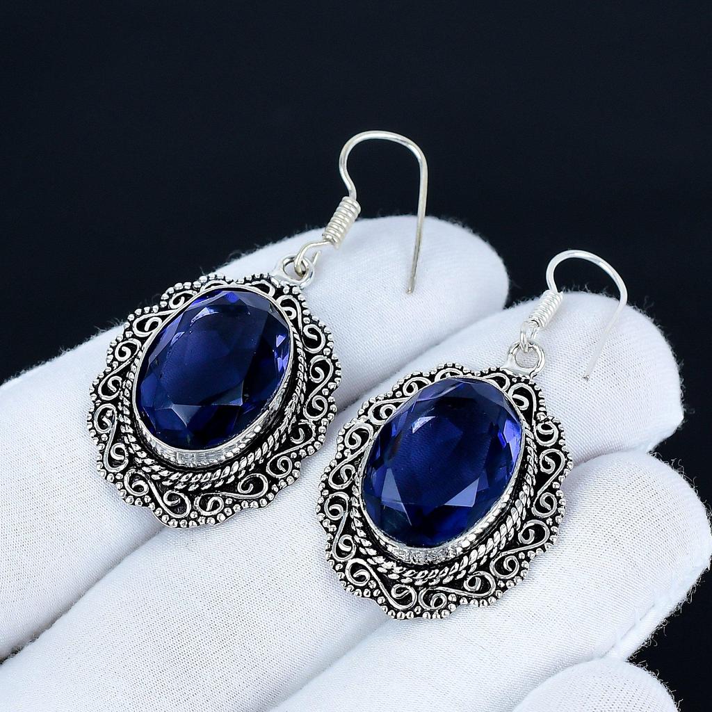 London Topaz Gemstone Earrings, 925 Sterling Silver Earrings, Handmade Silver Earrings For Gift, London Topaz Dangle Drop Earrings For Gift
