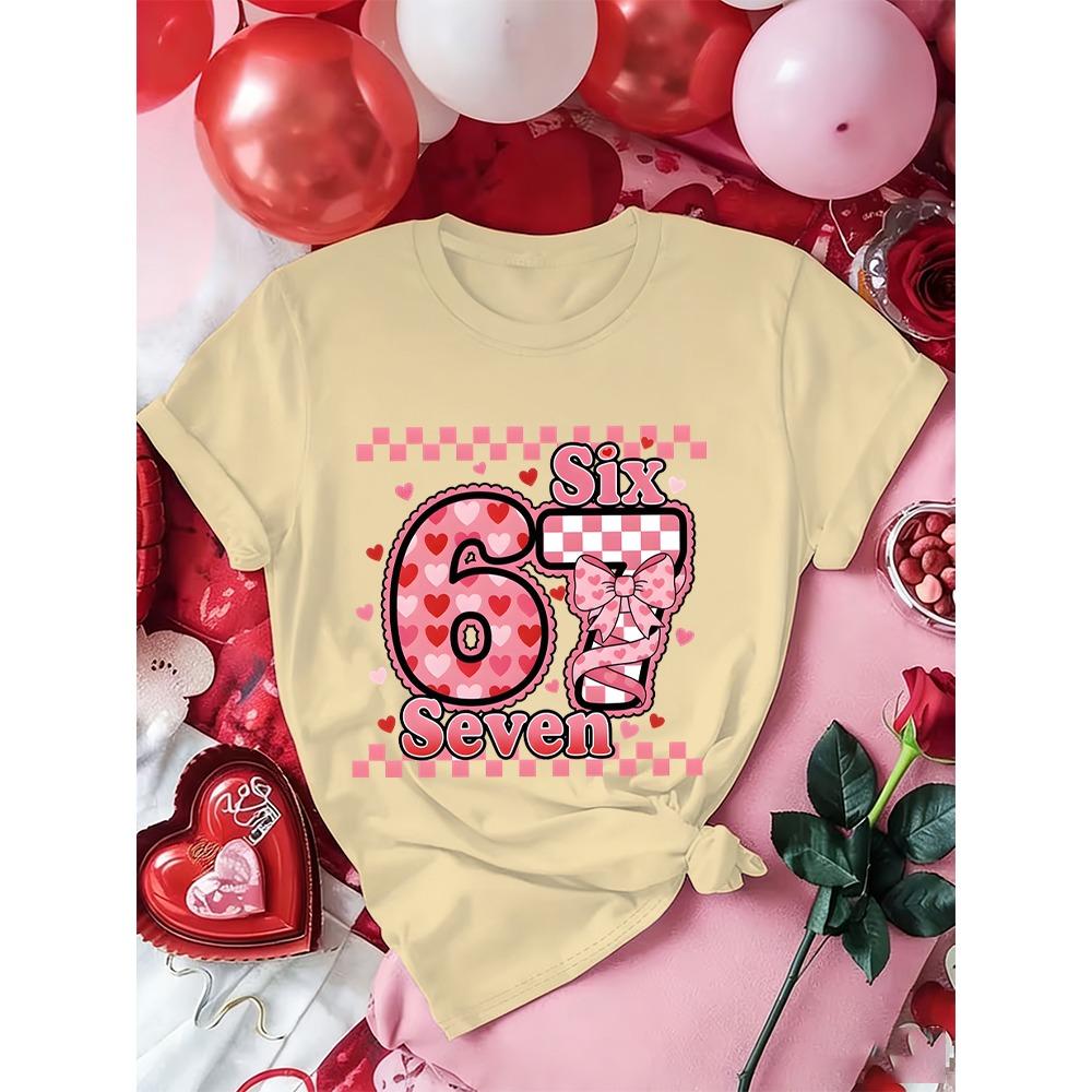 Vintage Grid Number 67 Sweet Coquette Bow Valentine's Day T-shirt Women Men Funny Six Seven Trend Y2K Tees Tops Gift