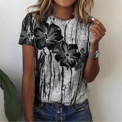 Women's Floral Printed T-shirt, 3D Floral Printed T-shirt, Round Neck Casual Summer T-shirt, Oversized Short Sleeved T-shirt