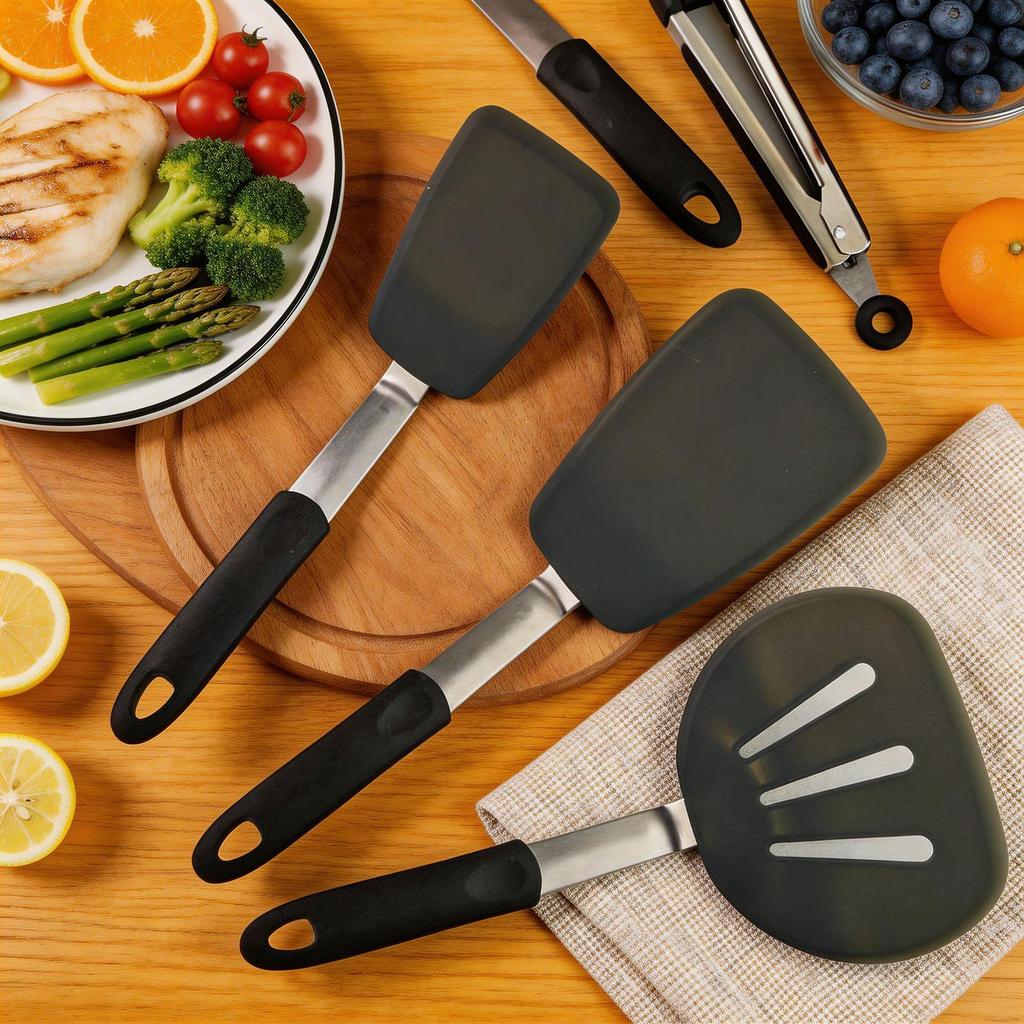 High-Temperature Resistant Food-Grade Silicone Kitchenware Set: Non-Stick Spatula, Frying Pan, and Slotted Spoon