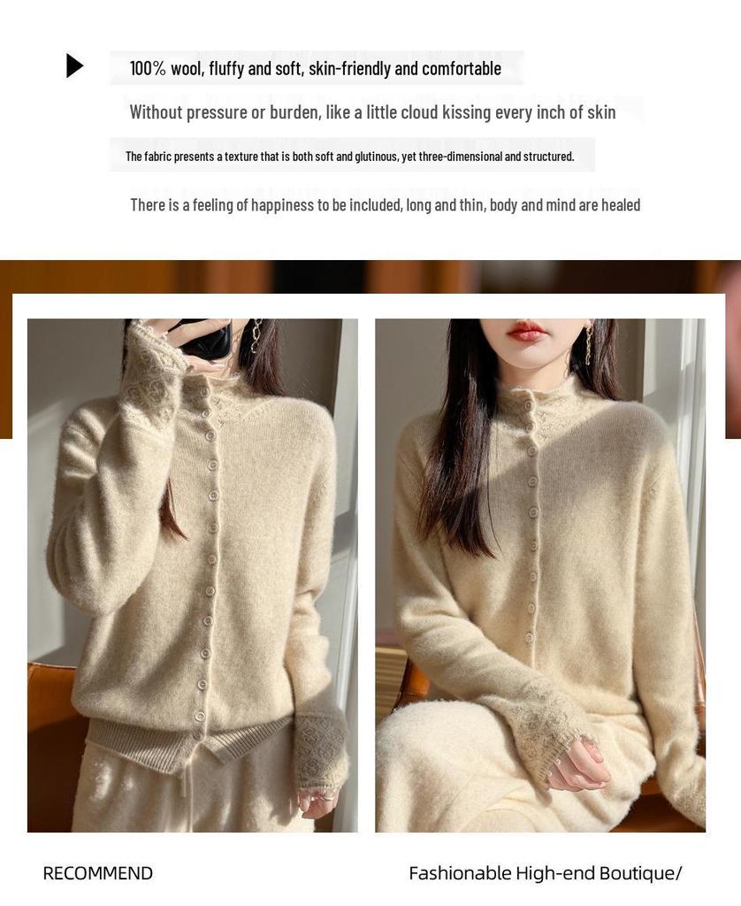 Women's 100% Wool Half-High Collar Crochet Cardigan - New Year Knit Cashmere Sweater